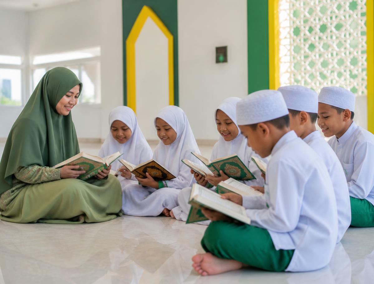 Siswa belajar membaca Al-Qur'an bersama guru